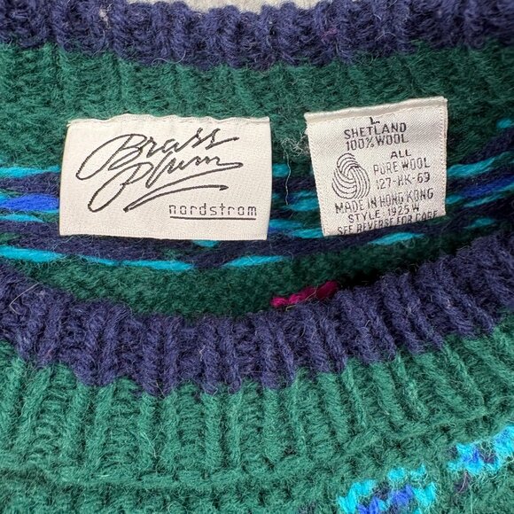 Vintage Brass Plum by Nordstrom Shetland Wool Sweater Green Fair Isle Knit - Picture 11 of 14